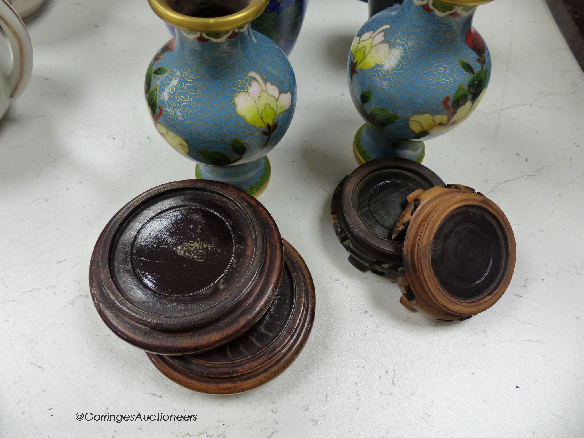 A pair of Chinese cloisonne vases and a smaller pair of cloisonne vases, and two mother of pearl inlaid vases, height 44cm